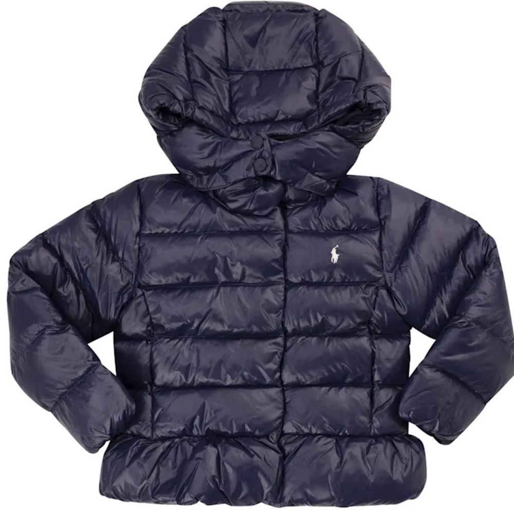 Polo Ralph Lauren Peplum Down Jacket Kids Size 2T Blue Hoodie Puffer Full Zip